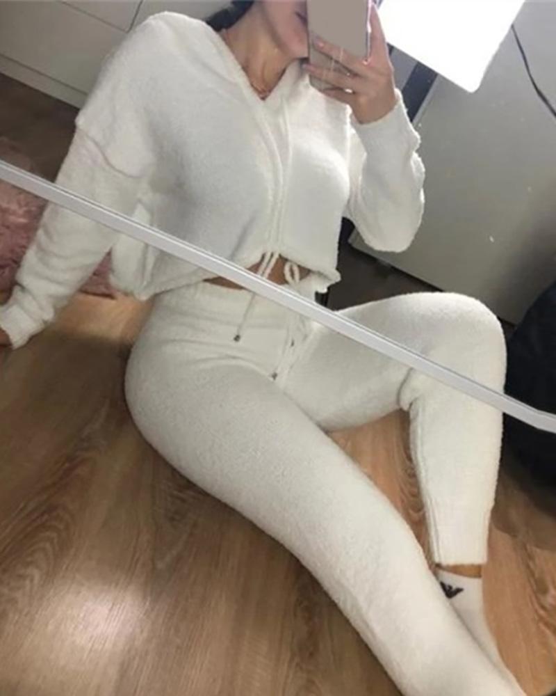 

Fluffy Drawstring Top & High Waist Pants Set, White