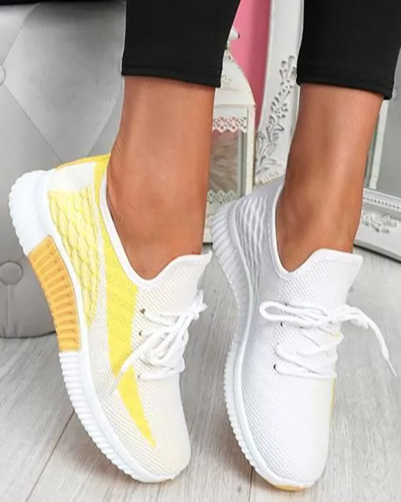 

Breathable Lace-up Contrast Paneled Knit Sneakers, Yellow