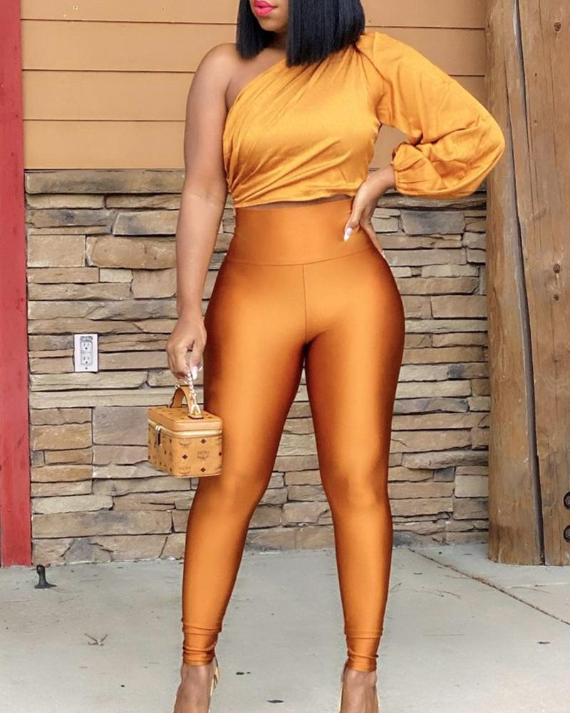 

One Shoulder Ruched Crop Top & Skinny Pants Set, Yellow