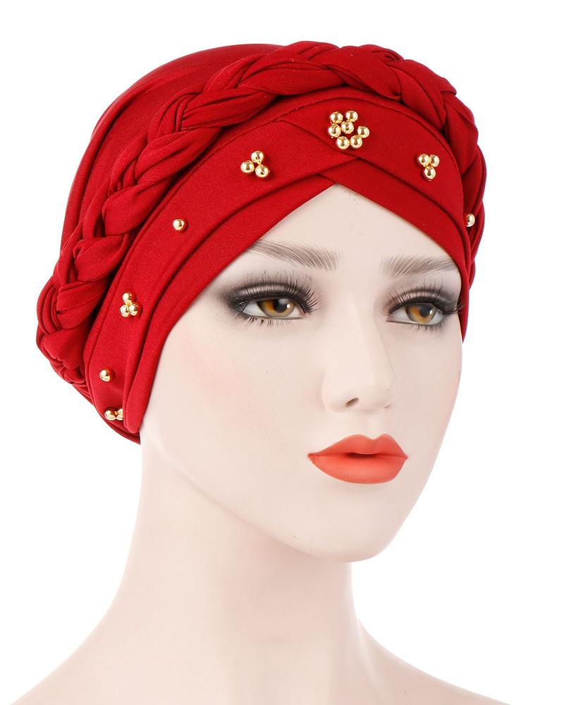 

Studded Headwrap Braided Turban Cap Beaded Beanie Hat, Wine red