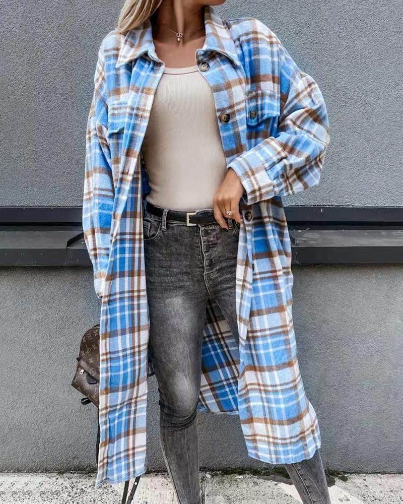 

Plaid Print Buttoned Asymmetrical Hem Top, Blue