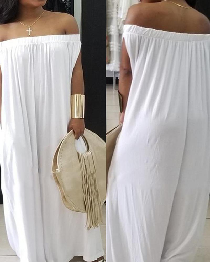 

Off Shoulder Pocket Design Ruched Wide Leg Jumpsuit, White
