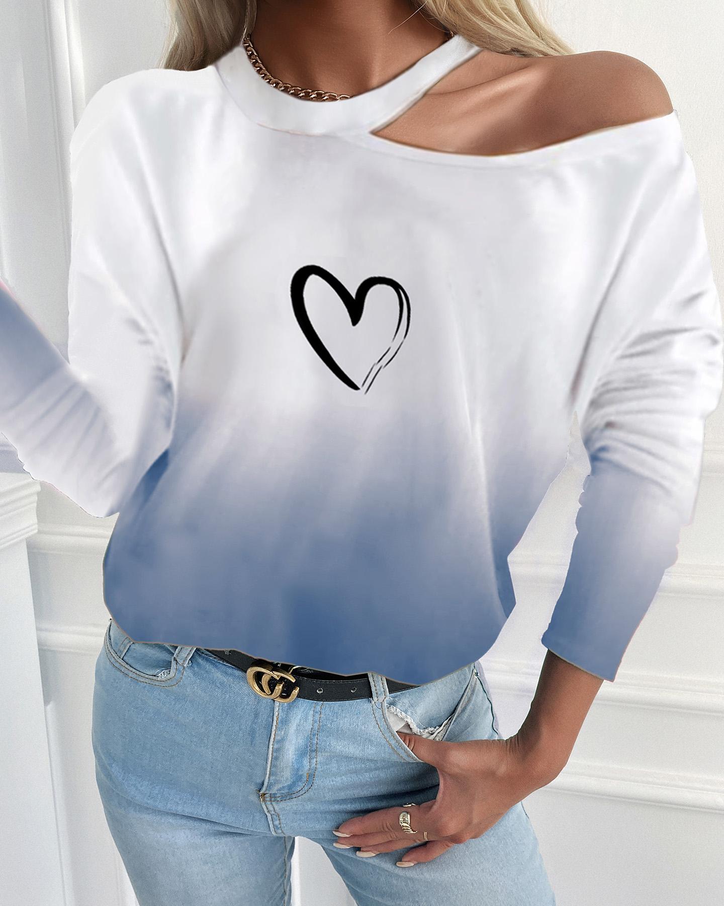 

Colorblock Heart Print Cold Shoulder Top, Blue