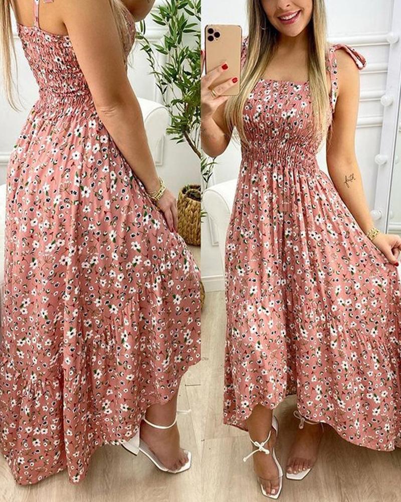

Floral Print Shirred Sling Maxi Dress, Pink