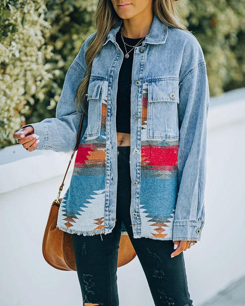 

Geo Print Raw Hem Flap Pocket Button Front Denim Coat, Blue