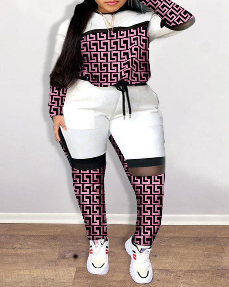 

Plus Size Geo Print Colorblock Long Sleeve Top & Pants Set, Hot pink