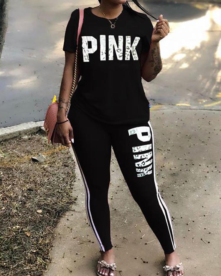 

Fashion Striped Letter Print T-shirt & Pants Set, Black