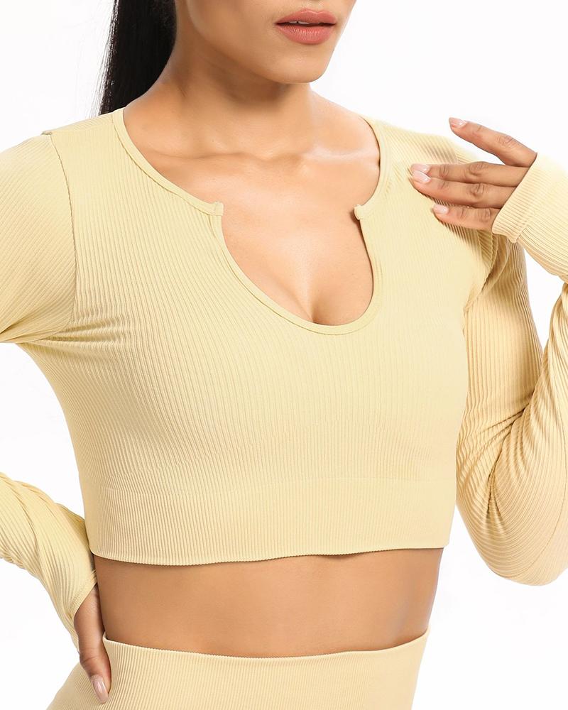 

Ribbed Solid Color Skinny Long Sleeve Sport Crop Top, Beige