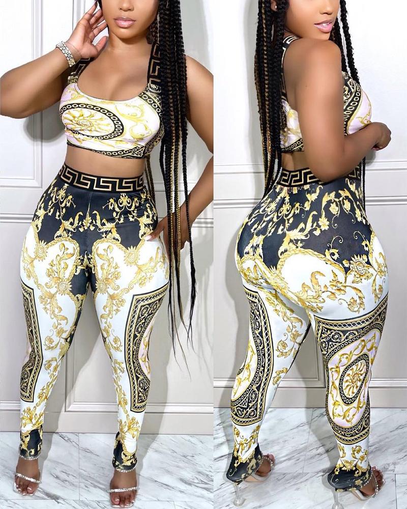 

Baroque Print Crop Tank Top & High Waist Pants Set, Gold