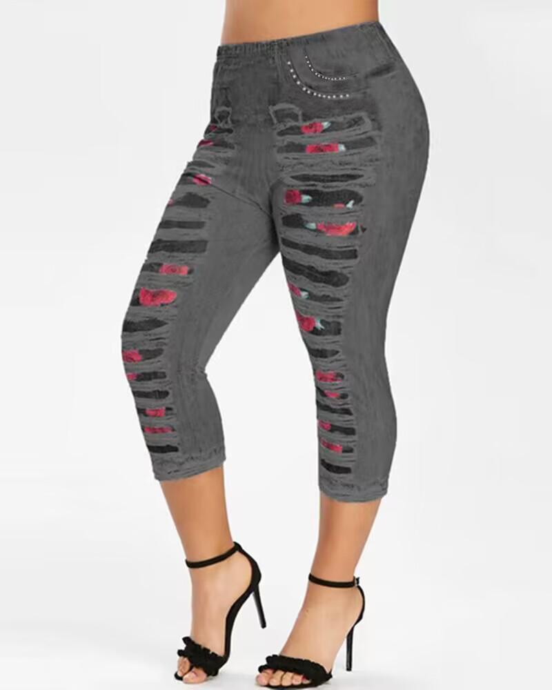 

Denim Look Floral Print Ripped Sports Leggings, Black