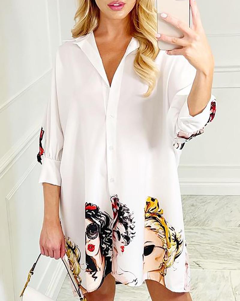 

Figure Print Half Sleeve Buttoned Shirt Dress, White