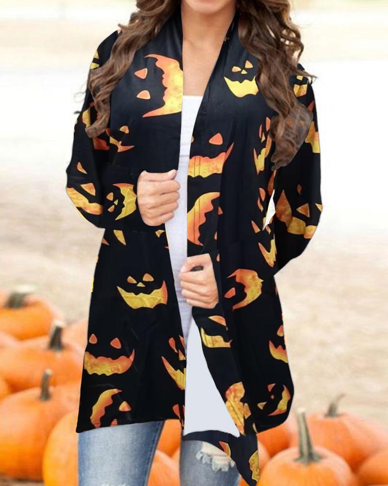 

Halloween Scary Face Print Open Front Cardigan, Black