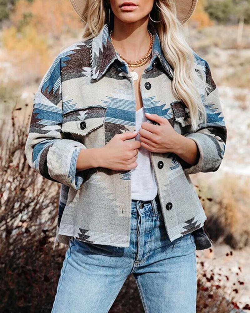 

Aztec Geometric Print Pocket Design Jacket, Blue