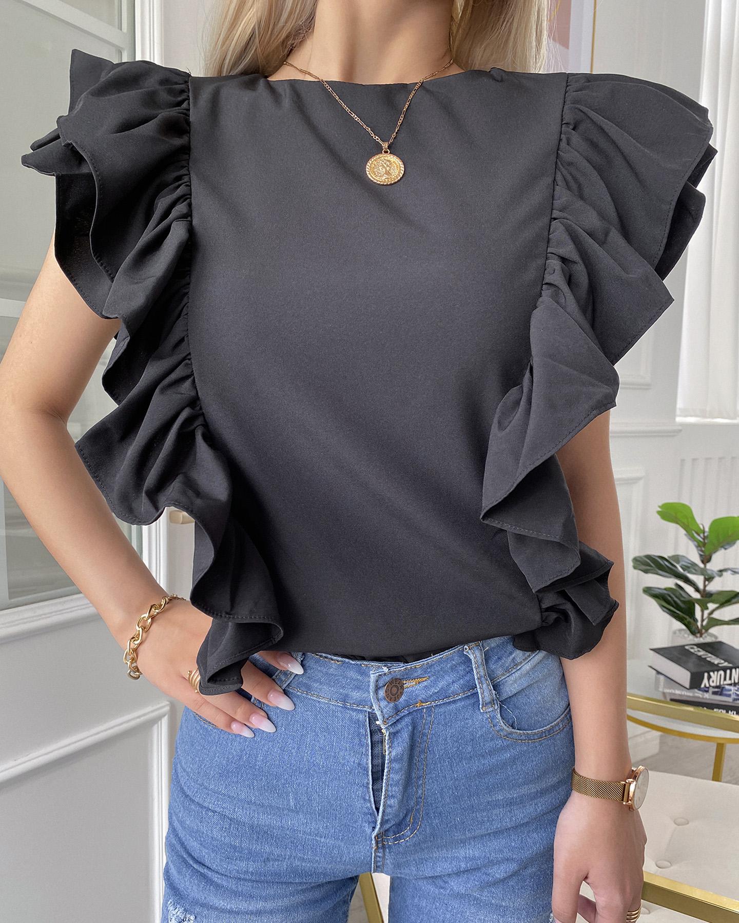 

Ruffles Trim Short Sleeve Casual Top, Black