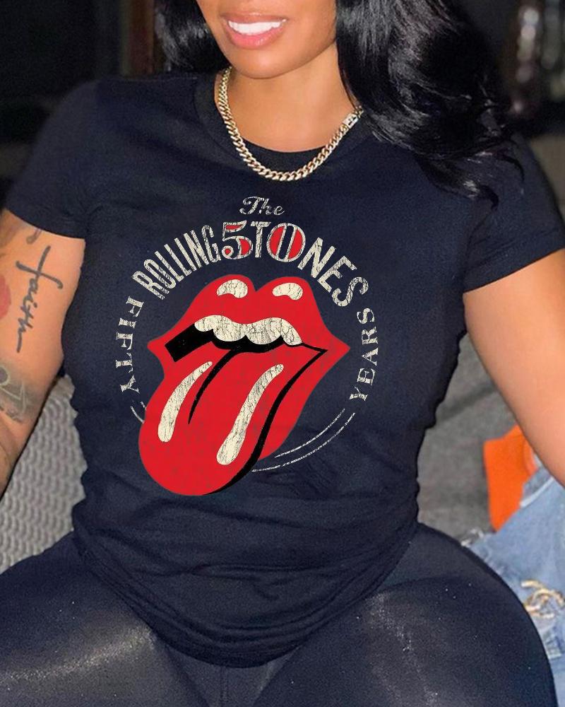 

Lip Letter Print Short Sleeve Casual T-shirt, Black