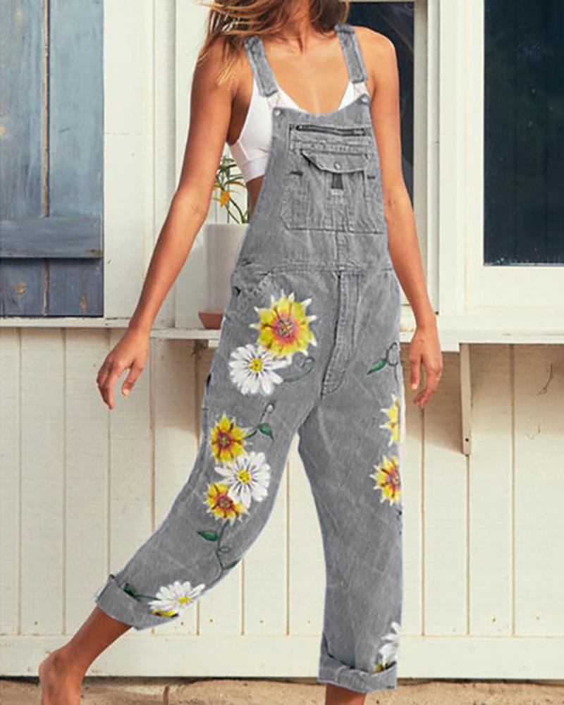 

Thin Strap Floral Embroidery Pocket Suspender Jumpsuit, Gray