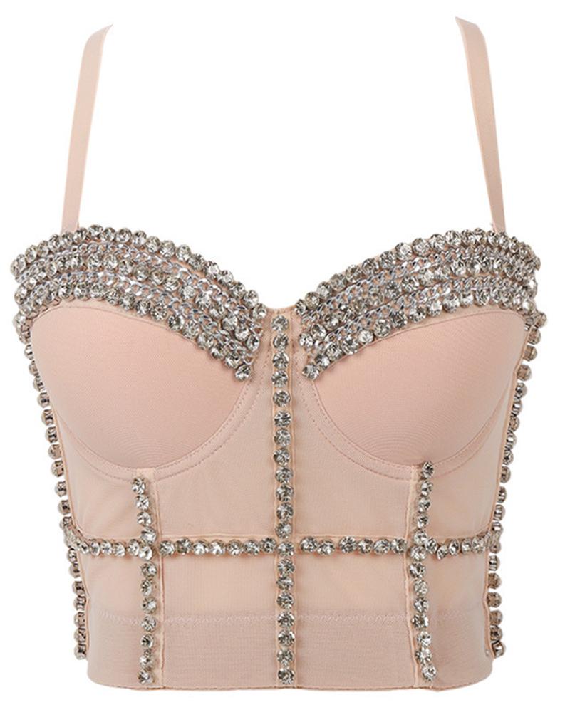 

Studded Rhinestone Chain Decor Crop Corset Top, Beige