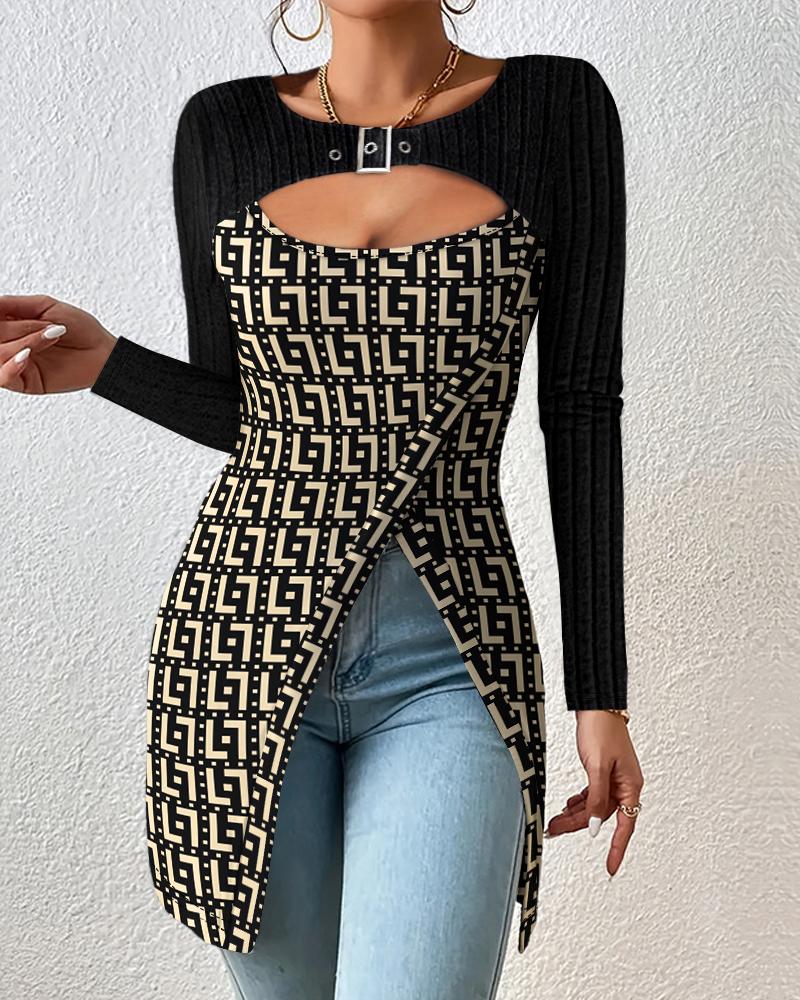 Colorblock Geometric Print Buckled Eyelet Slit Ribbed Top