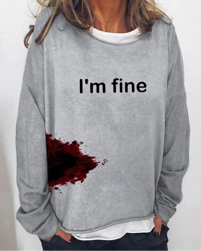 

Halloween Humor Funny Bloodstained Print Long Sleeve Top, Gray