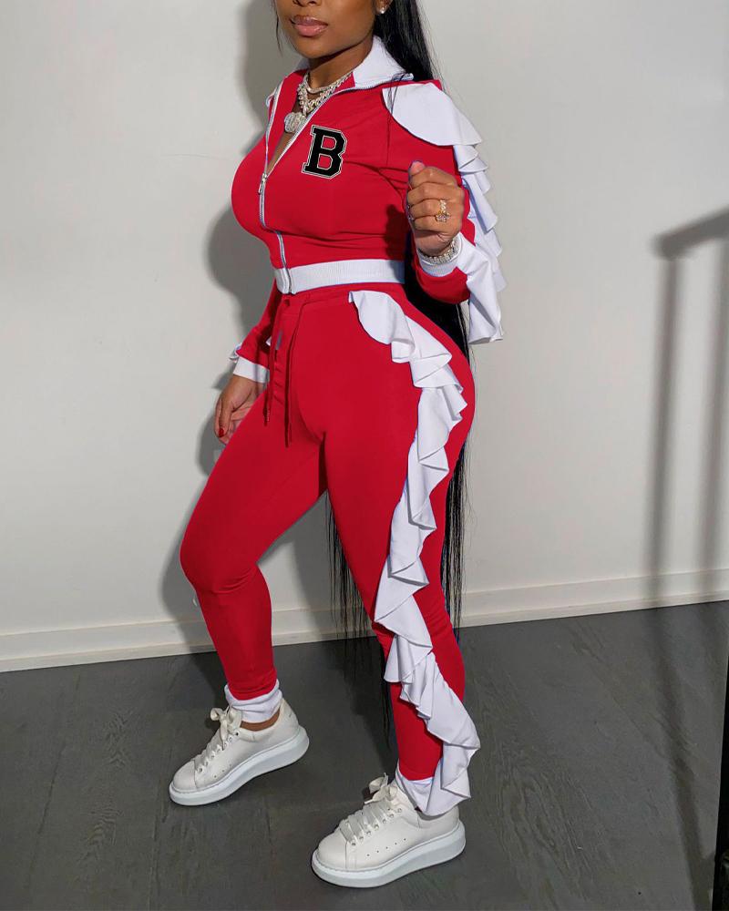 

Letter Print Ruffle Hem Zip Up Top & Drawstring Pants Set, Red