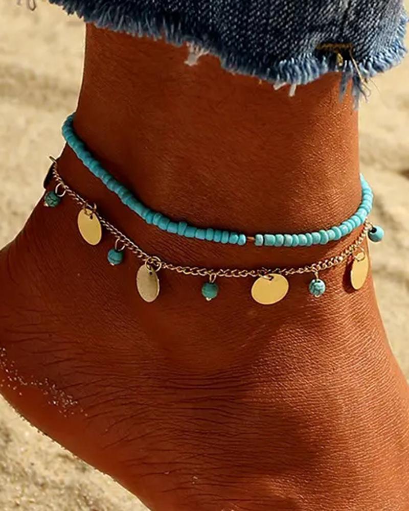 

2pcs Stackable Beaded Disc Bohemian Summer Beach Anklets Set, Gold