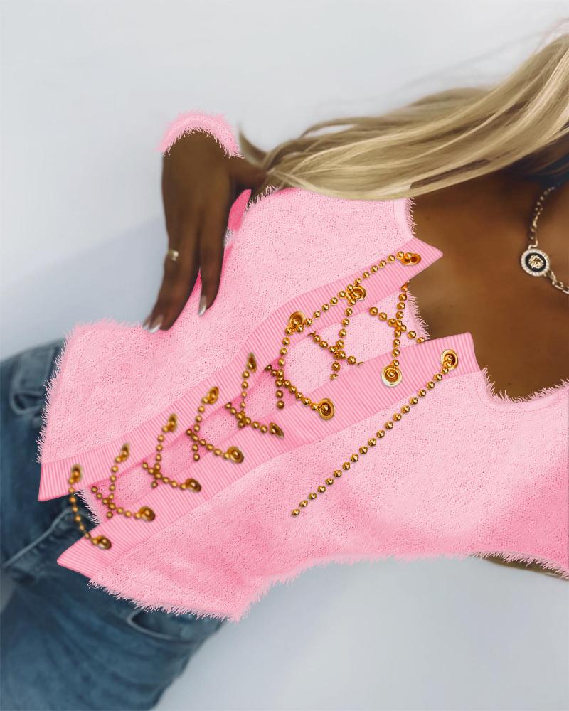 

Eyelet Chain Lace-up Asymmetrical Fuzzy Top, Pink