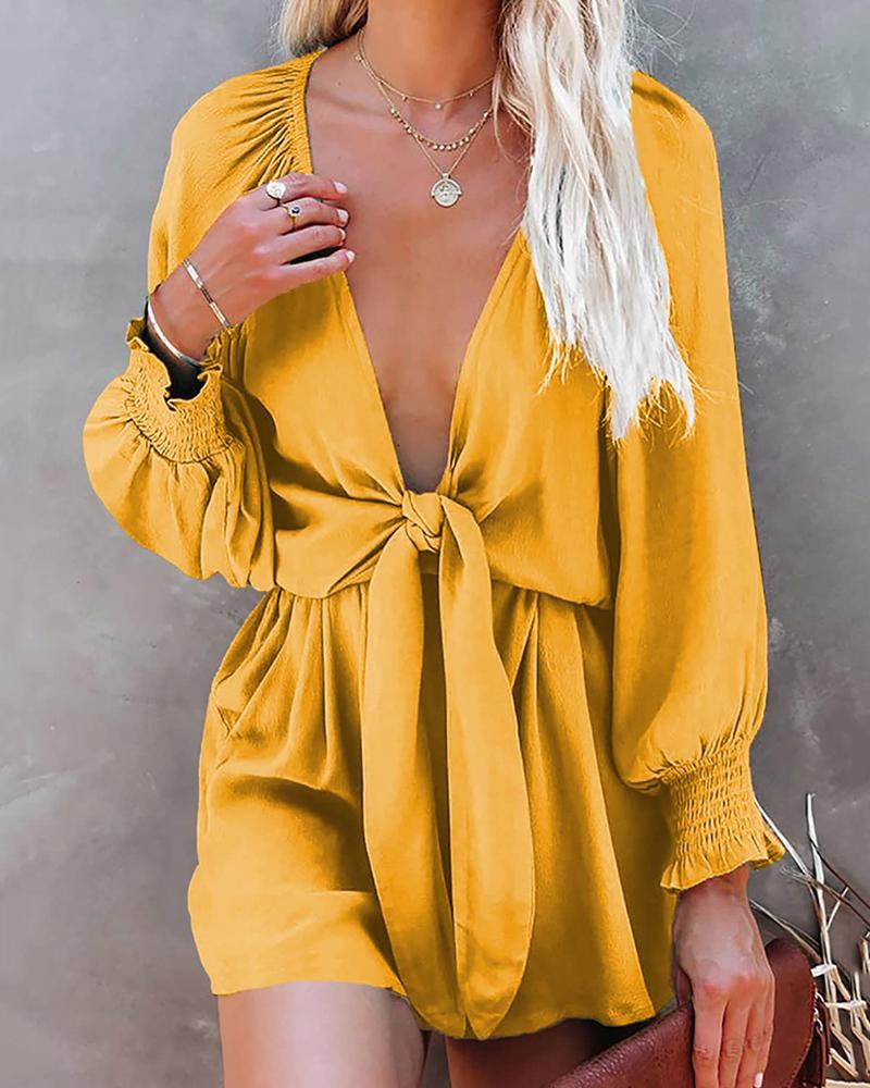 

Plunge Knotted Lantern Sleeve Romper, Yellow