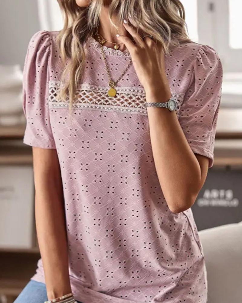 

Eyelet Embroidery Puff Sleeve Top, Pink