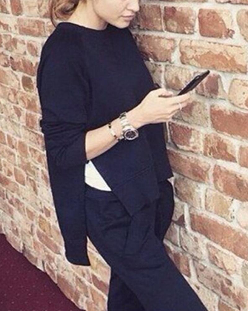 

Irregular Split Sweatshirt & Drawstring Pants Set, Black