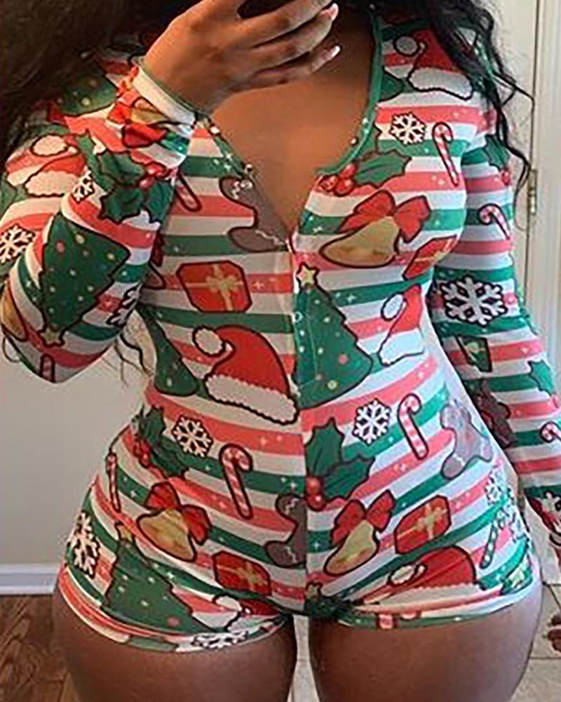 

Christmas Mixed Print Long Sleeve Skinny Romper, Green