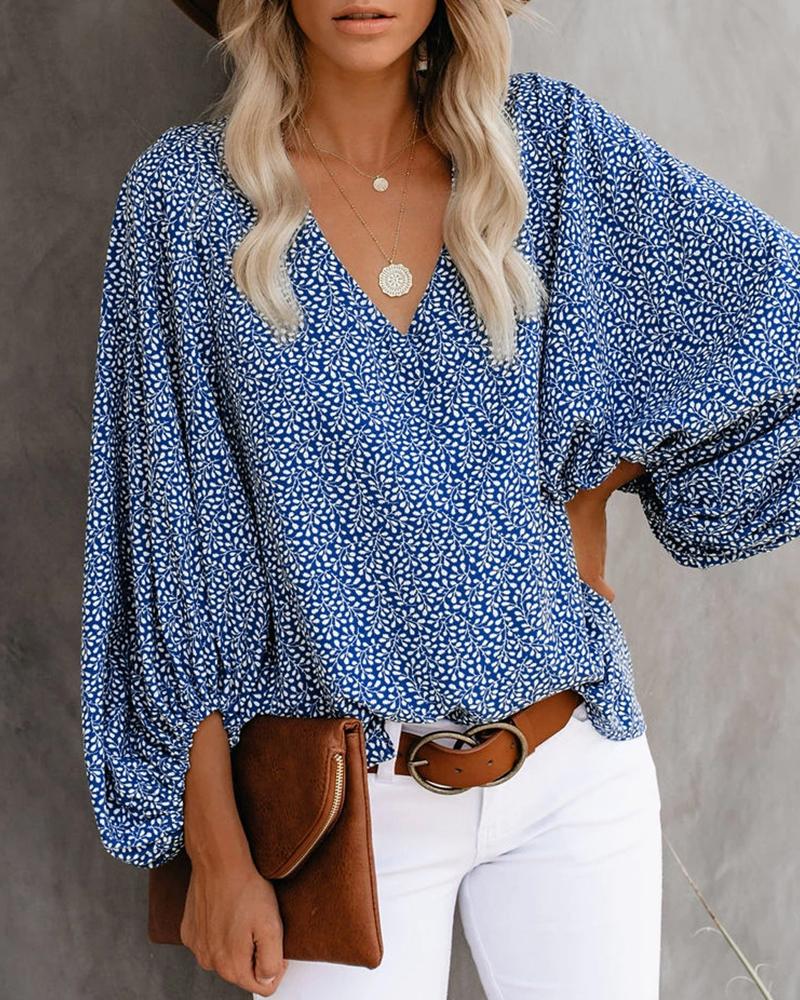 

All Over Print Surplice Neck Lantern Sleeve Blouse, Blue