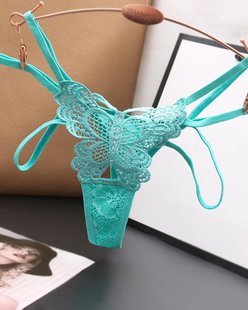 

Solid Color Splicing Lace Sexy Bownot Hollow-out Thongs, Green