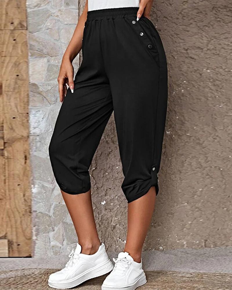 

High Waist Buttoned Pocket Design Pants, Black