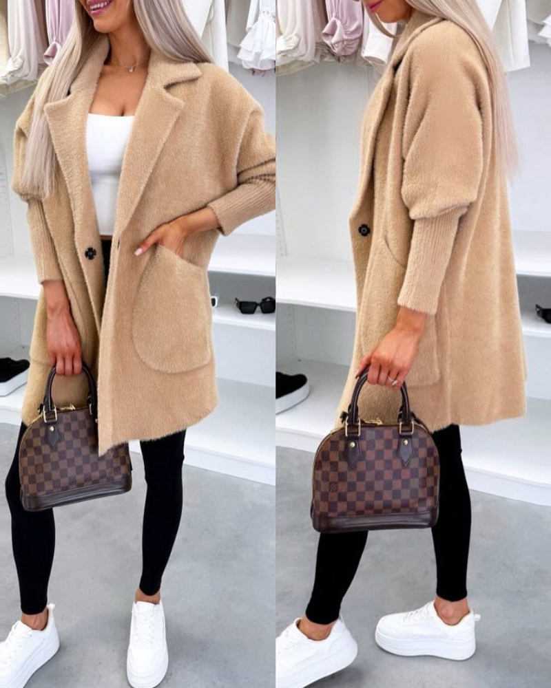 

Casaco casual de manga comprida com botões e gola virada para baixo com bolsos, Khaki
