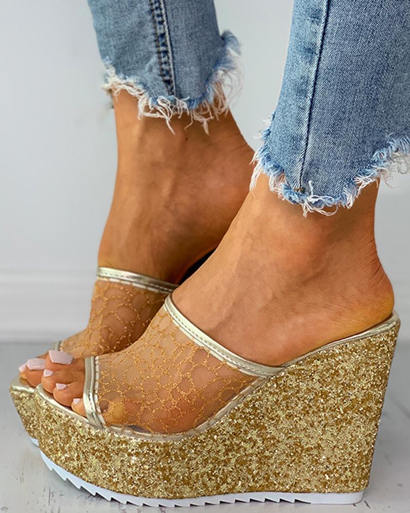 

Peep Toe Mesh Glitter Sequins Wedge Shoes, Gold