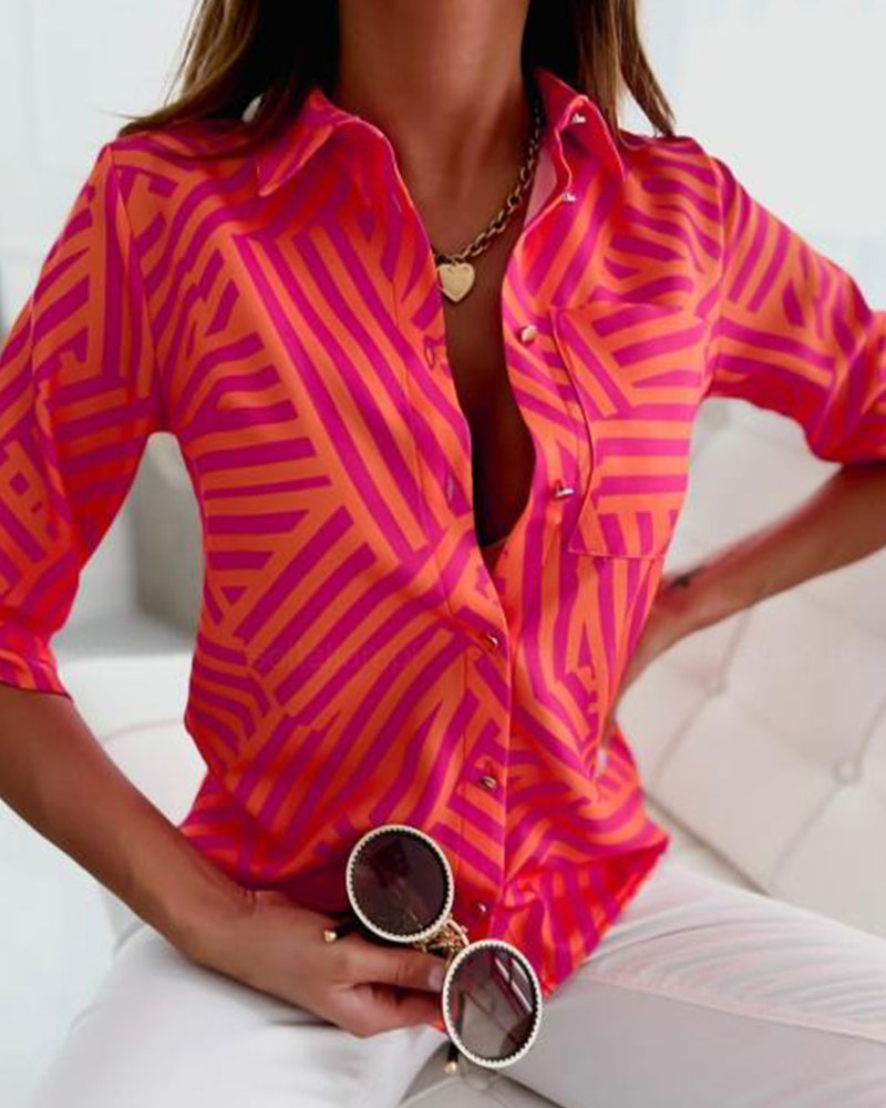 

Geometric Print Pocket Detail Button Down Shirt, Red