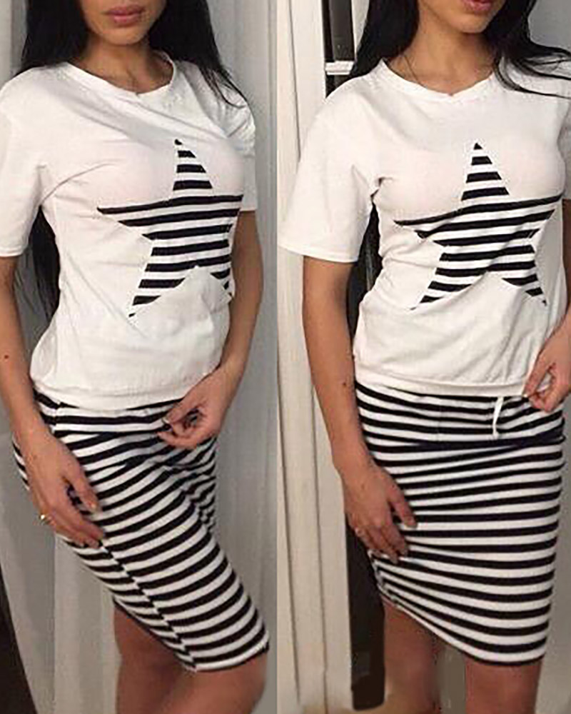 

Striped Star Print T-shirt & Skirt Set, White