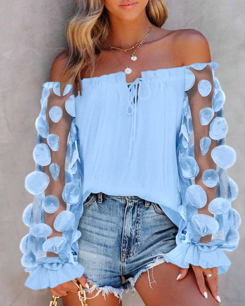 

Floral Pattern Sheer Mesh Patch Frill Hem Top, Blue