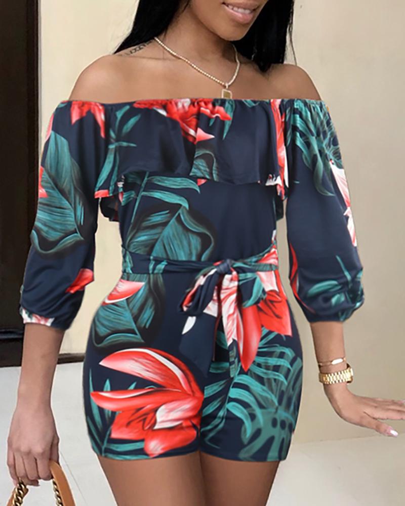 

Tropical Print Belted Casual Romper, Dark blue