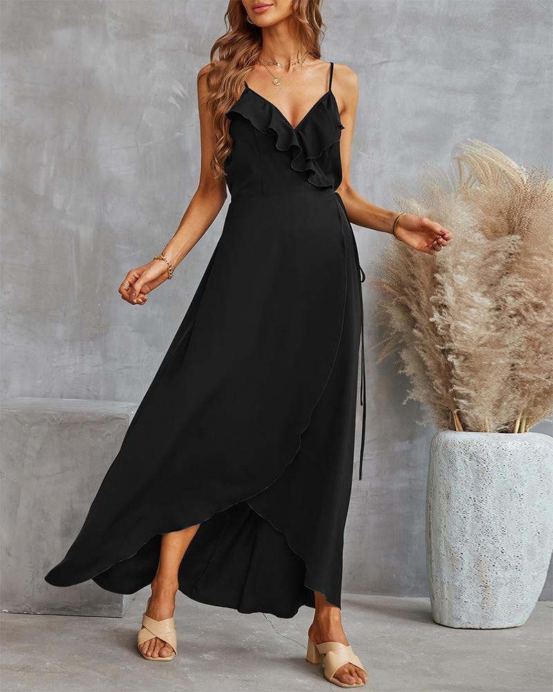 

Ruffles Spaghetti Strap Maxi Dress, Black