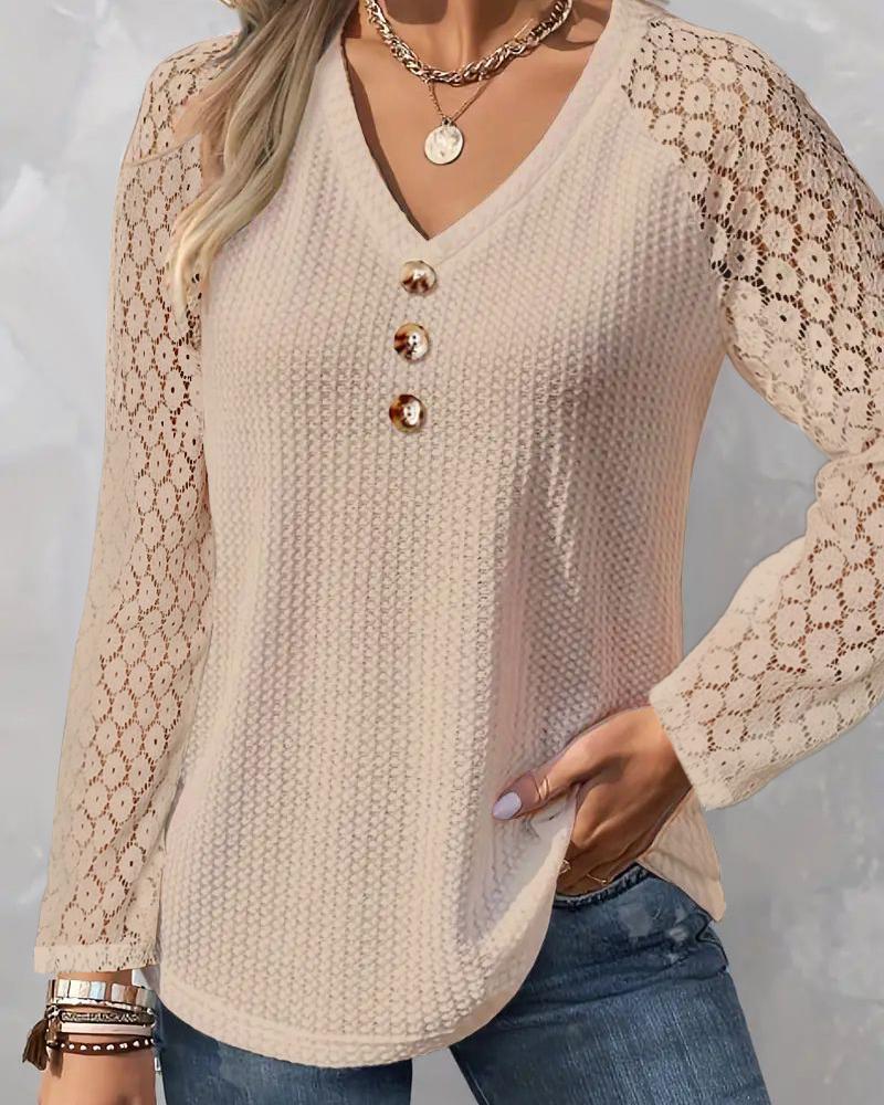 

Lace Patch Button Decor Top, Khaki