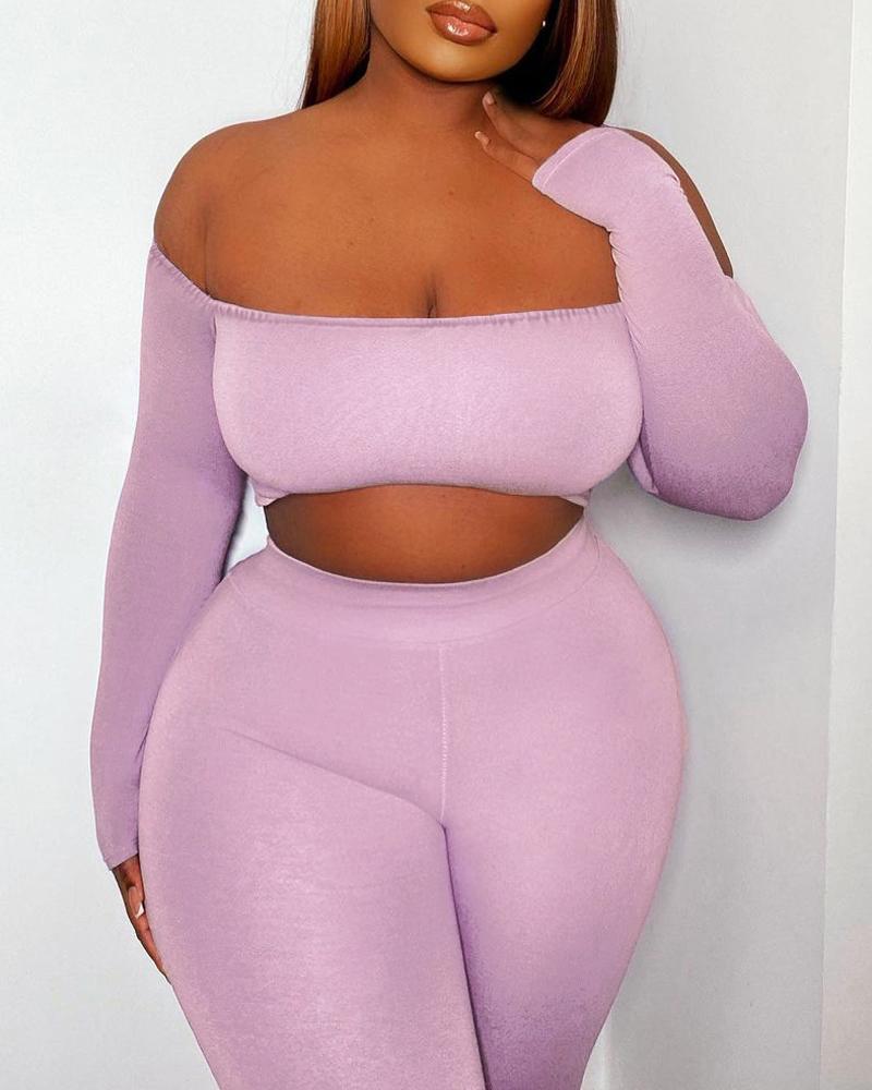 

Plus Size Off Shoulder Crop Top & Pants Set, Purple