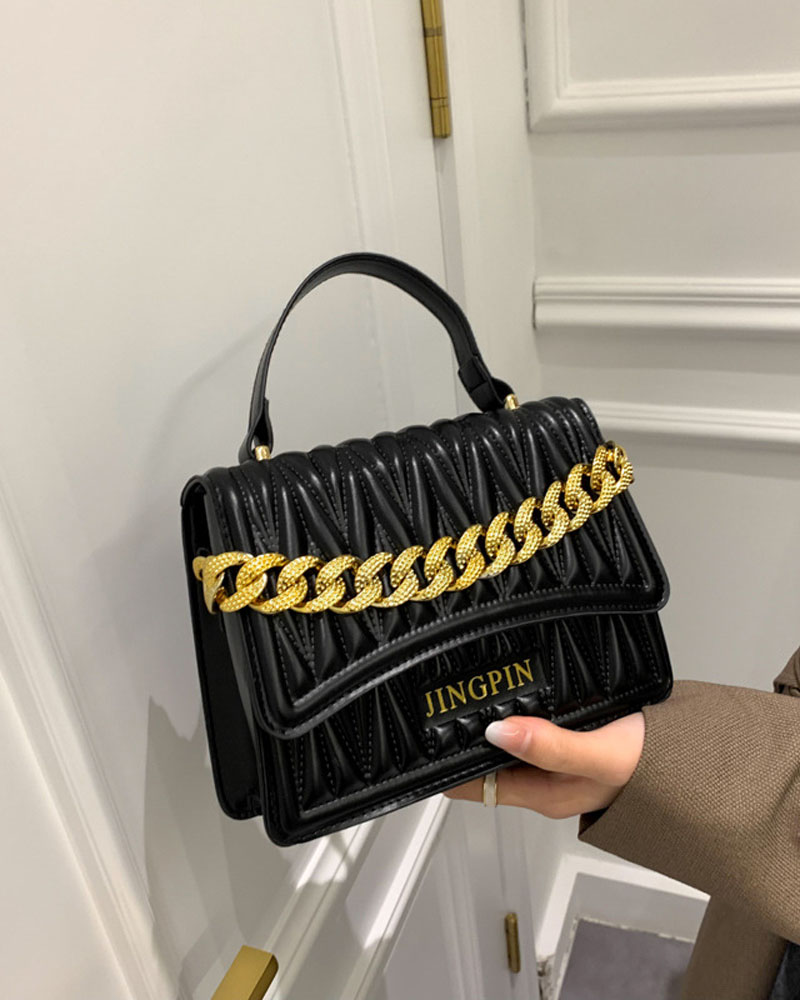 

Chain Decor Quilted Flap Shoulder Bag With Handle, Black