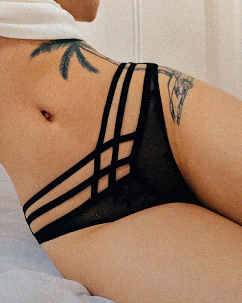

Crochet Lace Mesh Low Waist Bandage Cutout Panty, Black