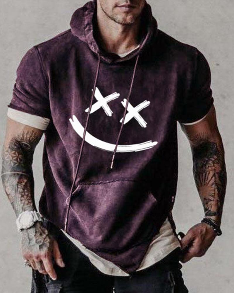 

Graphic Pattens Print Short Sleeve Loose Hooded Sweatshirts, Purple