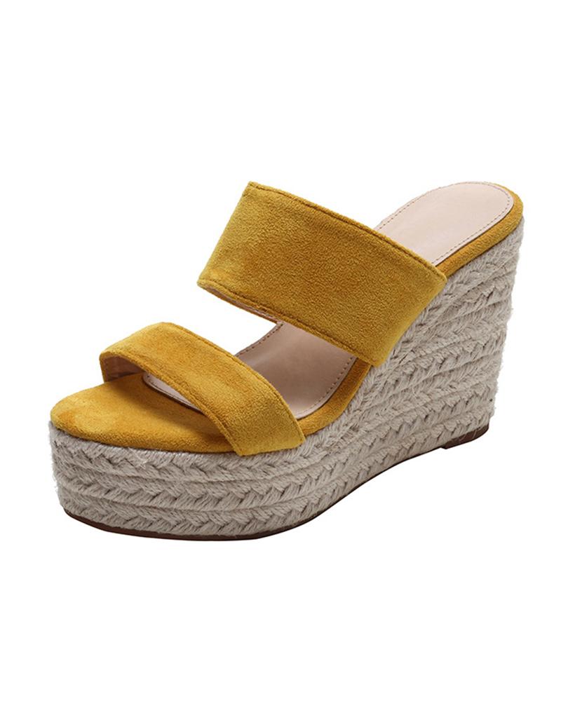 

Round-toe Double Strap Suede Leather Wedge Shoes, Yellow