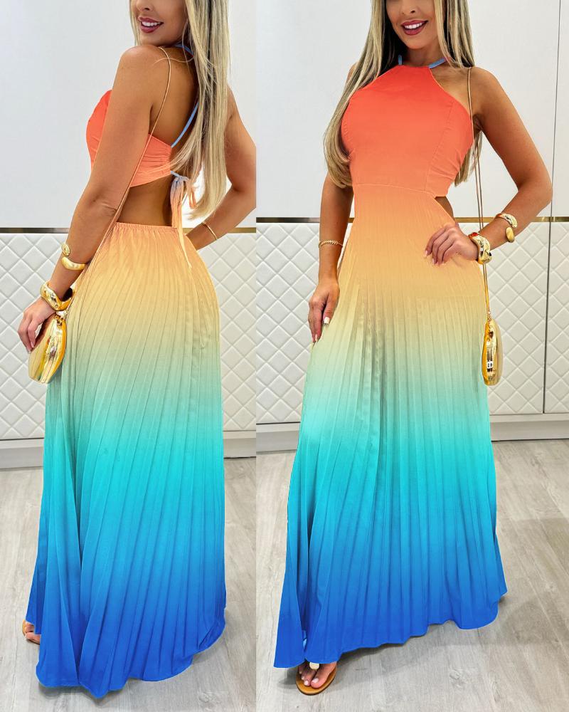 

Ombre Halter Pleated Maxi Dress Casual Back Lace Up Summer Vacation Dress, Multicolor