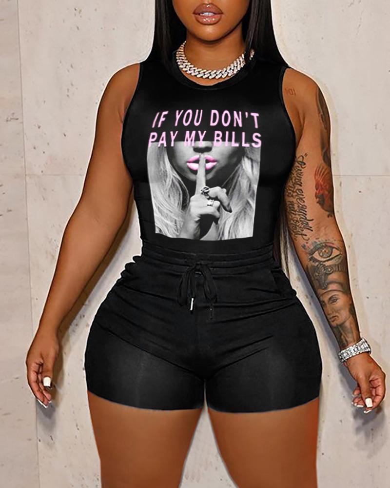 

If You Don't Pay My Bills Print Tank Top & Drawstring Shorts Set, Black