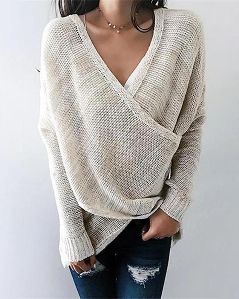 

Solid Long Sleeve Casual Sweater, Khaki