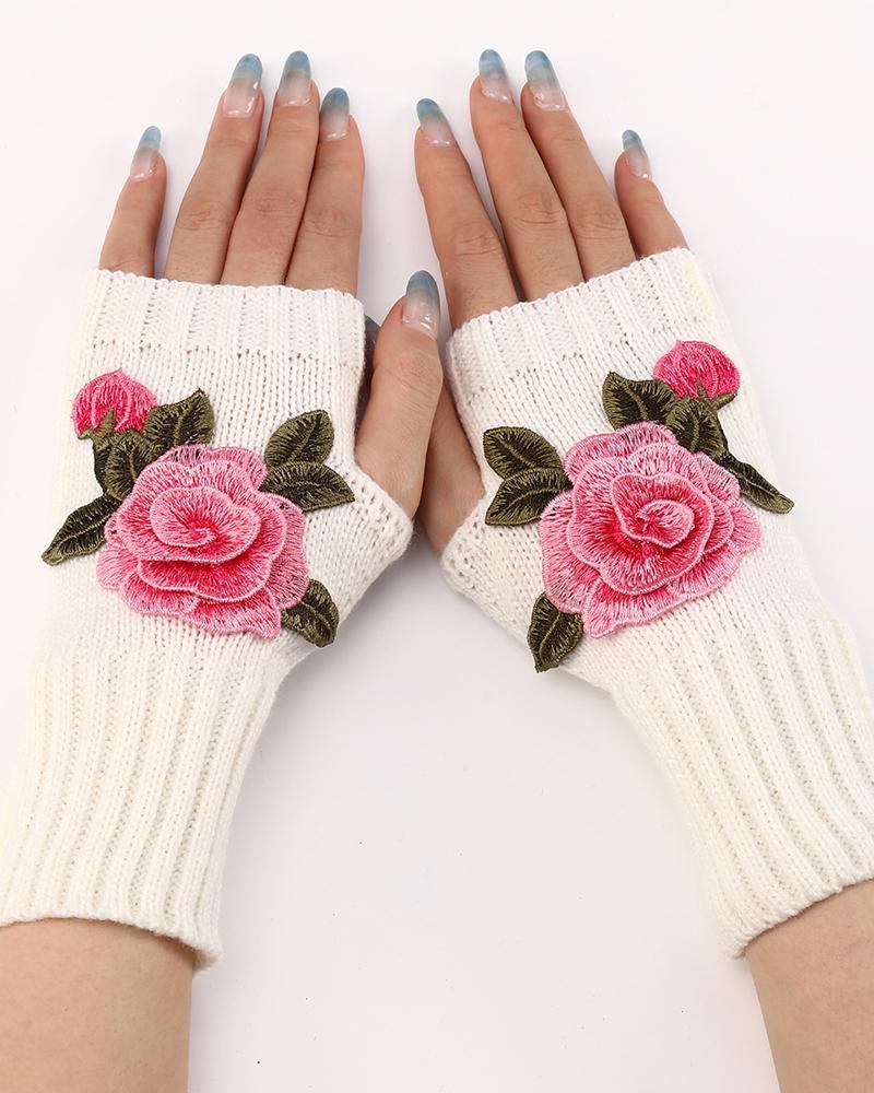 

1Pair Floral Embroidery Fingerless Winter Knit Warm Gloves, Style4